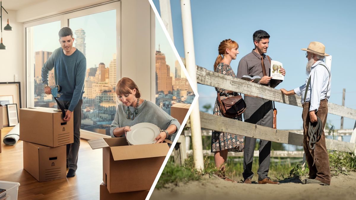 Sequenza: 1. Una giovane coppia è felice mentre fa i pacchi e lascia un appartamento in città con una bella vista. 2. La coppia predica con gioia a un agricoltore in una zona rurale.