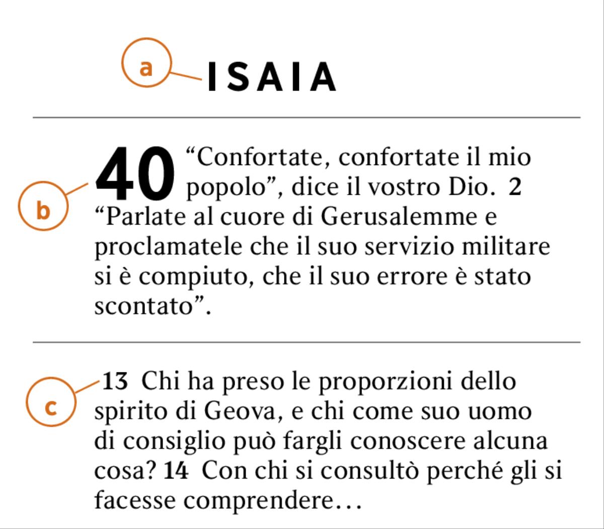 Dettaglio di un brano della Bibbia di cui si indica a) il libro biblico da cui è tratto, b) il capitolo e c) il versetto