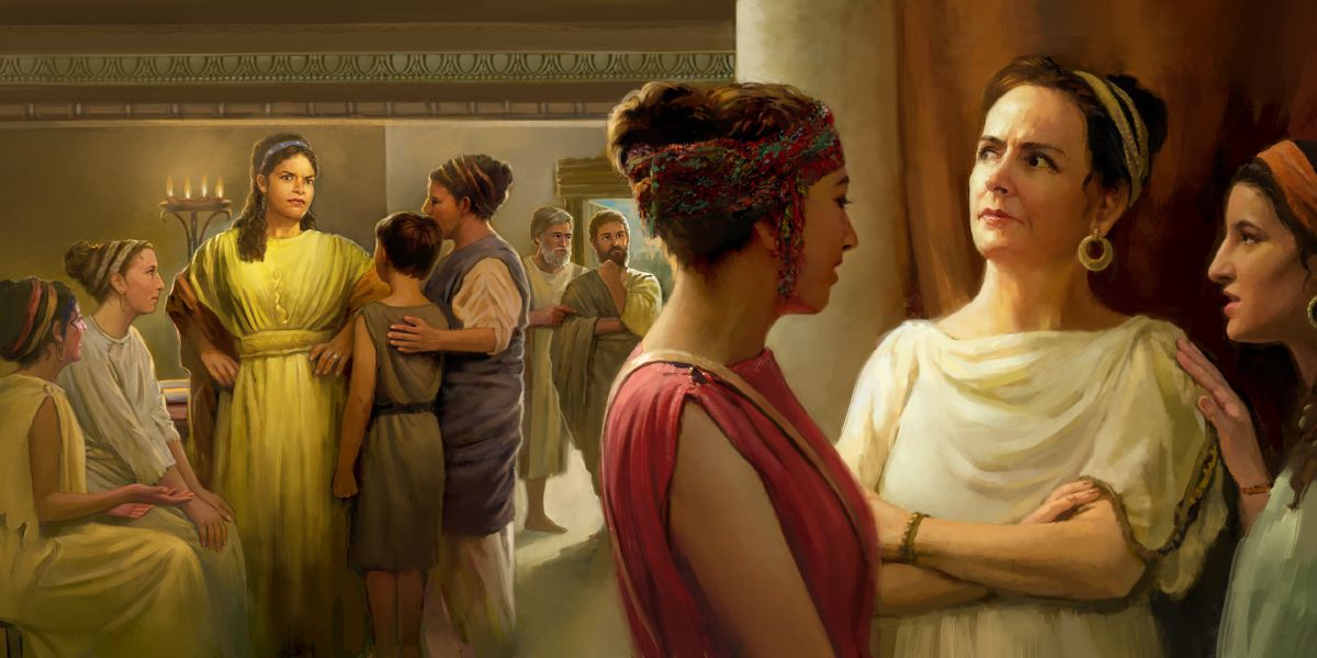 Evodia e Sintiche sono insieme ad altri in congregazione, e si guardano arrabbiate