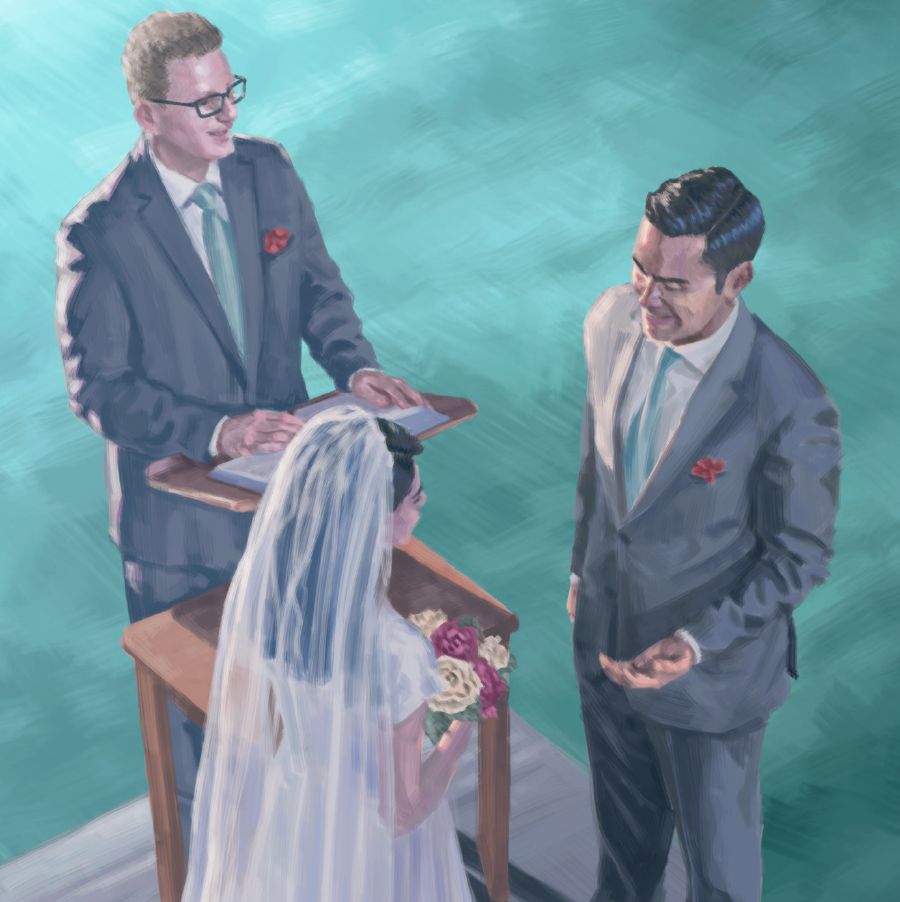 Uno sposo e una sposa si scambiano i voti matrimoniali