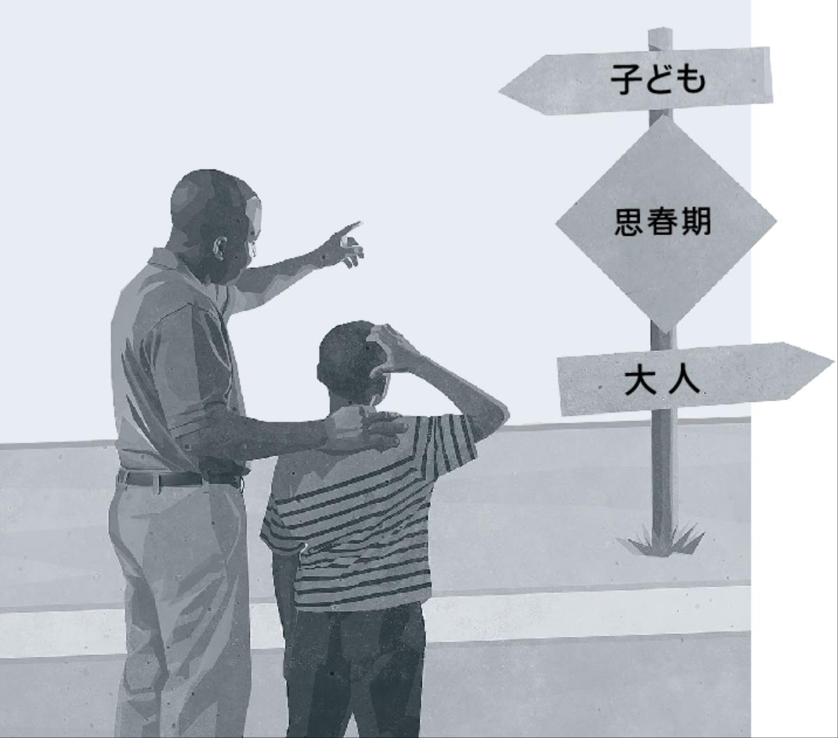 父親と息子が道路標識を見ている。それには，現在地が思春期で，子どもと大人の中間地点であることが示されている