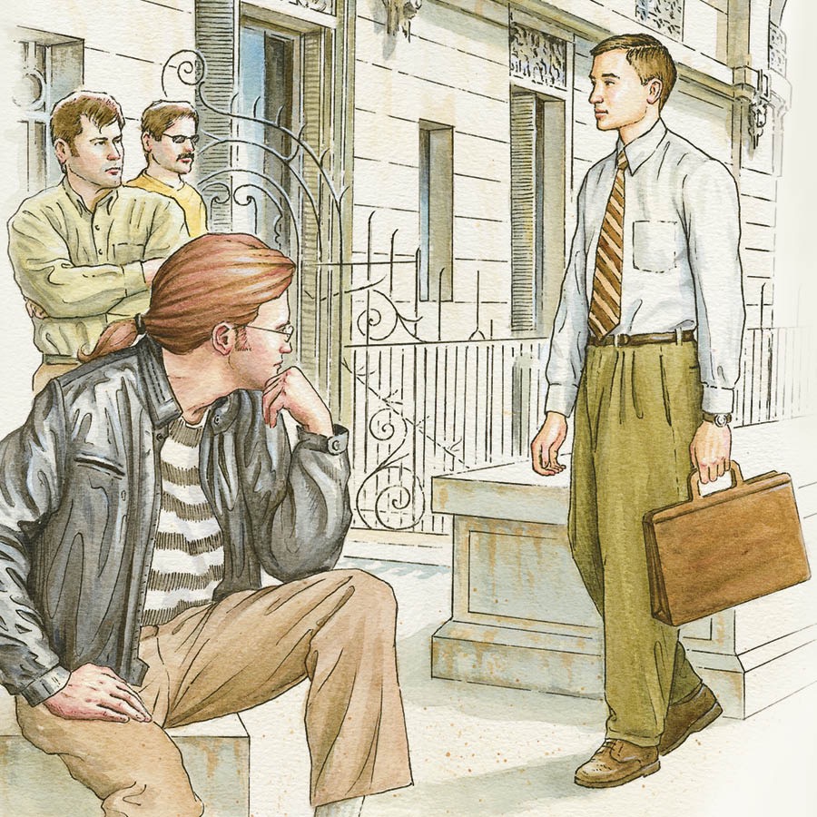 数人の男性が，近所に住む1人のエホバの証人を観察している。