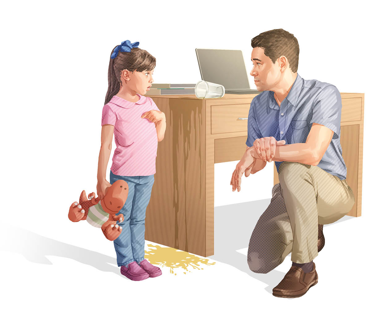 子供が父親に話している。父親はしゃがんで，子供に目線を合わせている。机の上のコップが倒れ，ジュースが床までこぼれている。