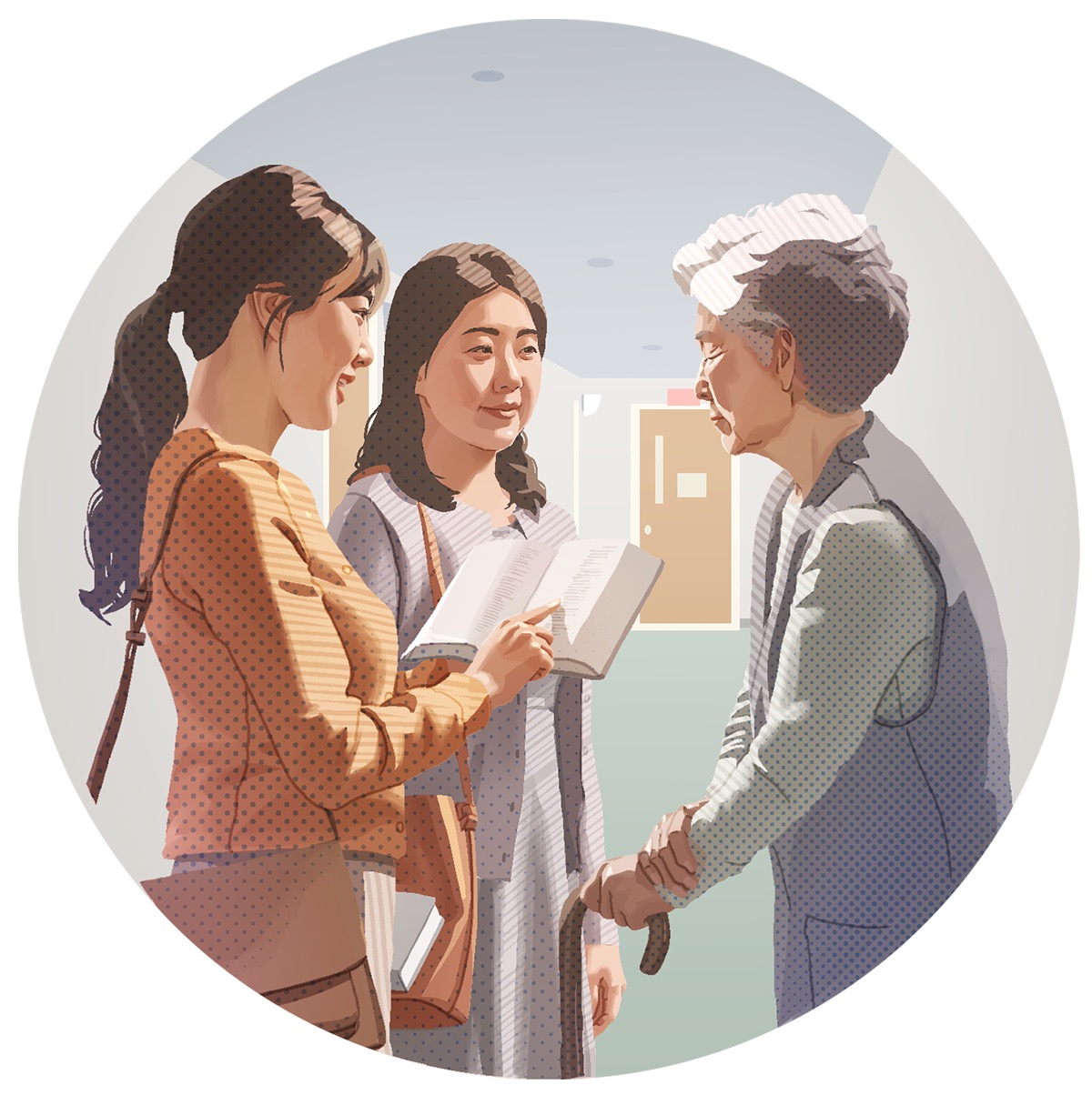 その女性が年配の女性に伝道している。聖書を教えてくれている人が隣に立っている。