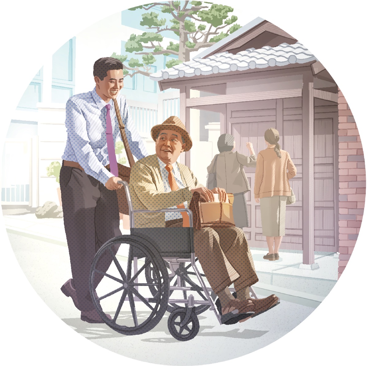 若い兄弟が，年配の兄弟が乗った車椅子を押して一緒に家から家へと伝道している。