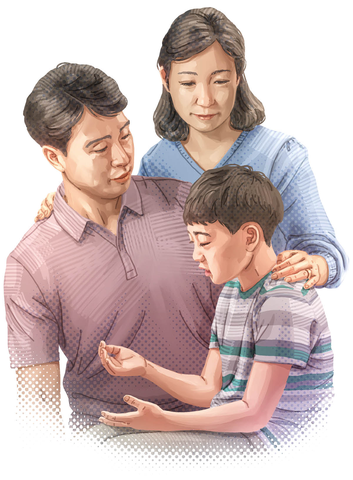 少年が両親に話している。