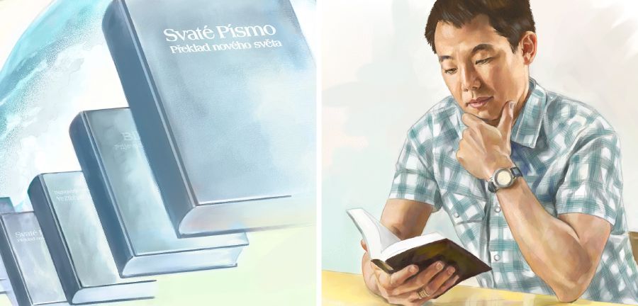 いろんな言語の聖書。男性が自分の言語で聖書を読んでいる。