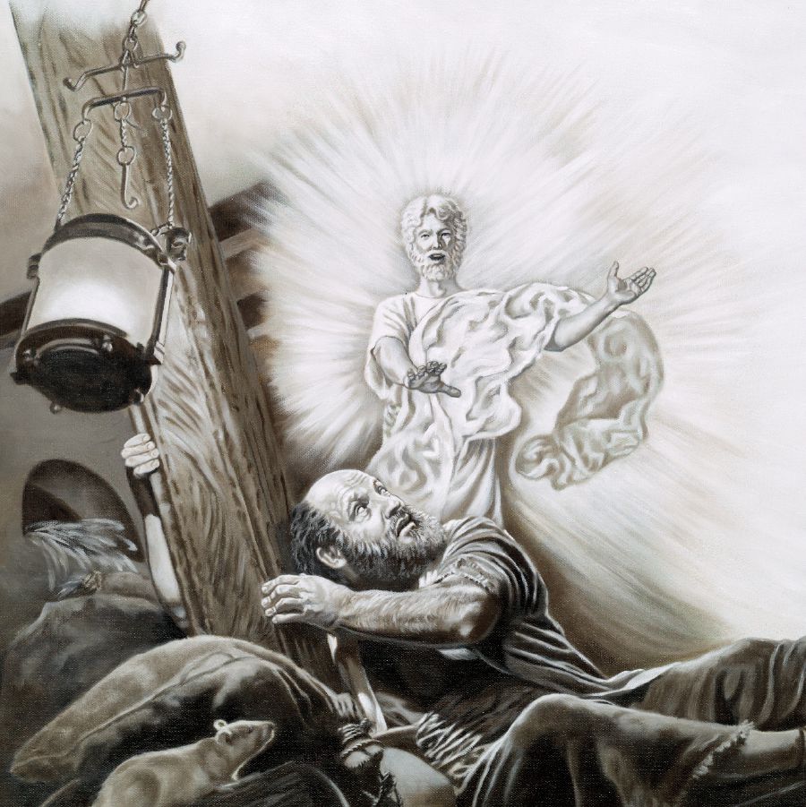 あらしの中，船に乗っているパウロの前にみ使いが現われる