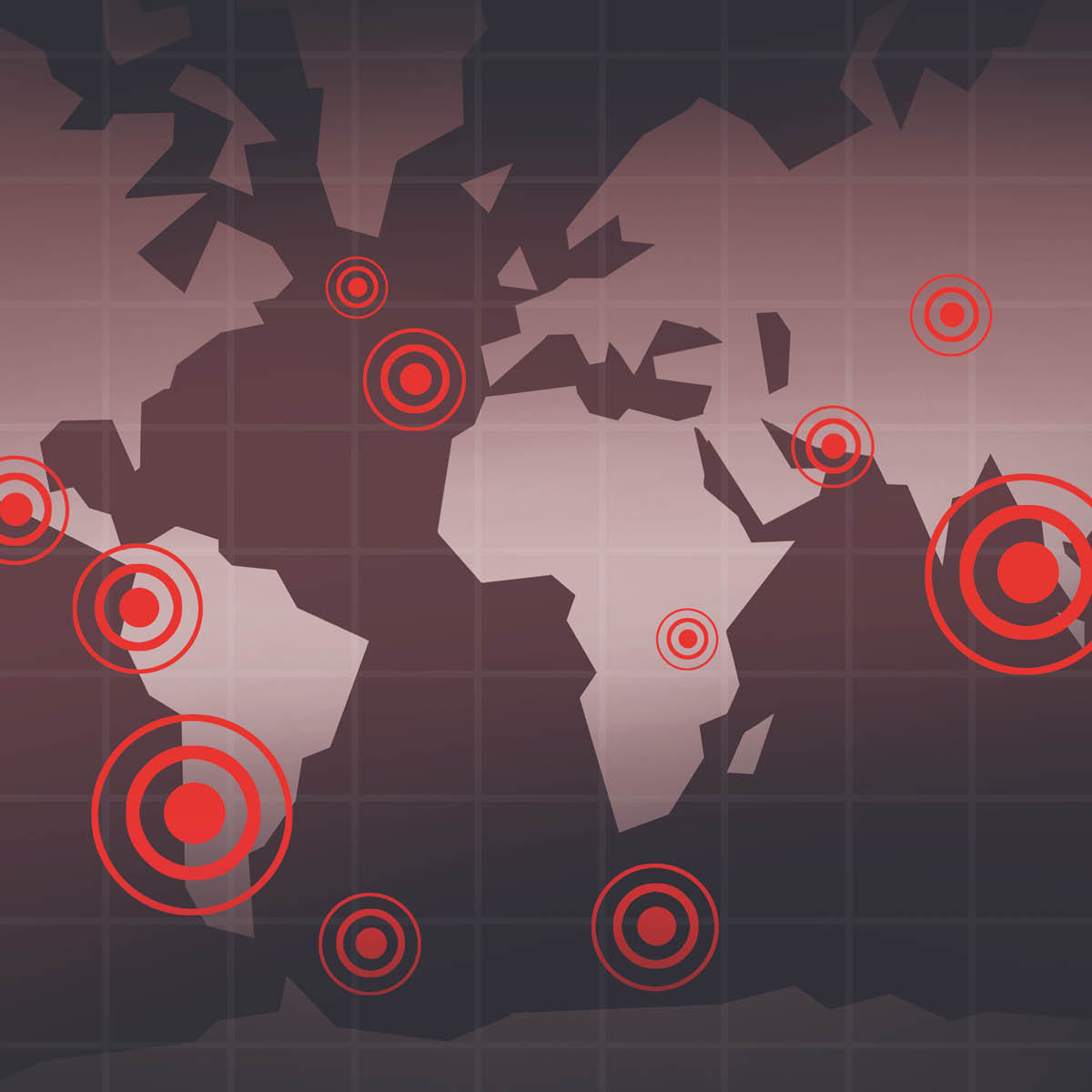 世界地図に，大きな地震が起きた場所の印が付けられている。