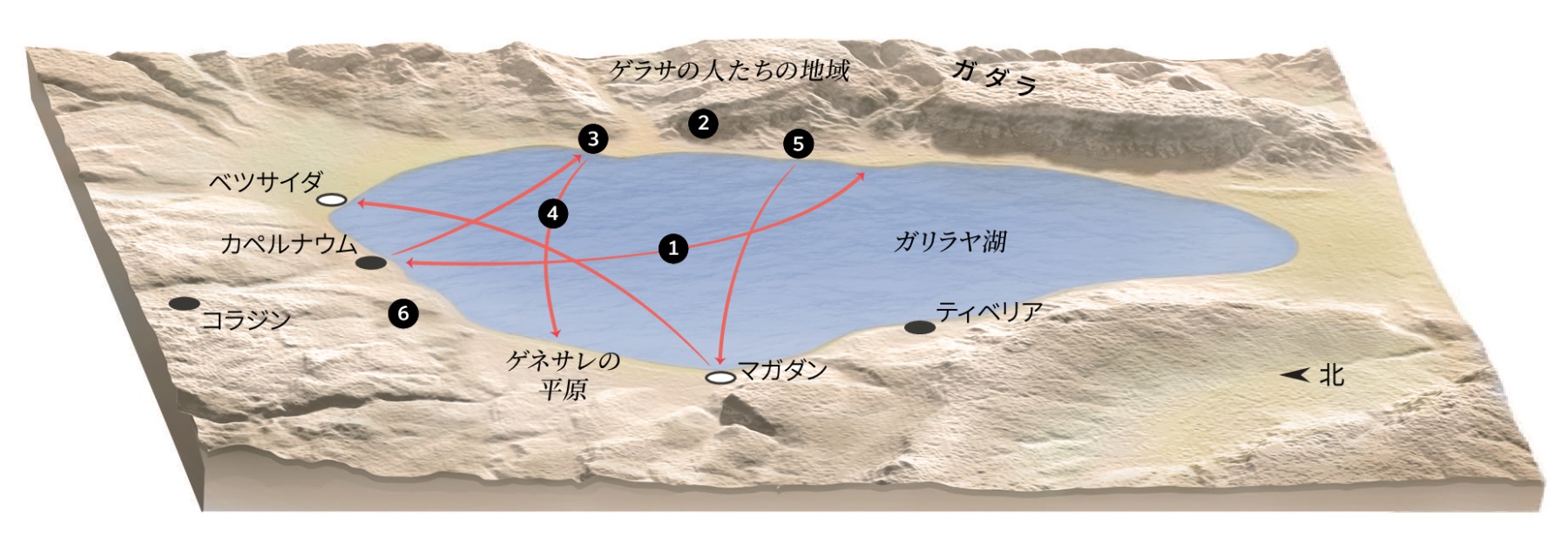 ガリラヤ湖周辺でのイエスの宣教に関係する地図