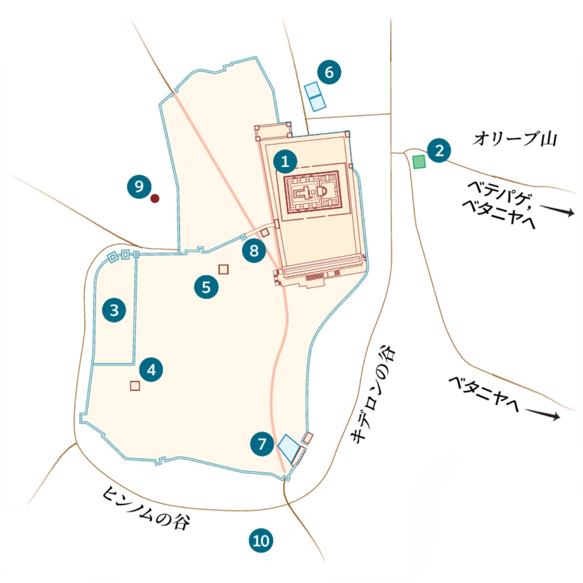 エルサレムとその周辺の地図。特定できていない場所も載せられている。1. 神殿。2. ゲッセマネの庭園。3. 総督の邸宅。4. カヤファの家。5. ヘロデ･アンテパスが使った邸宅。6. ベツザタの池。7. シロアムの池。8. サンヘドリン広間。9. ゴルゴタ。10. アケルダマ。