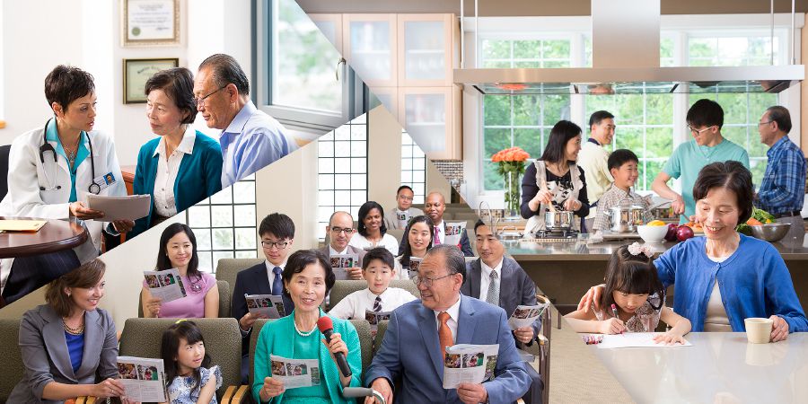 姉妹と夫が医師と話し合い，集会に出席し，仲間との交友を楽しんでいる