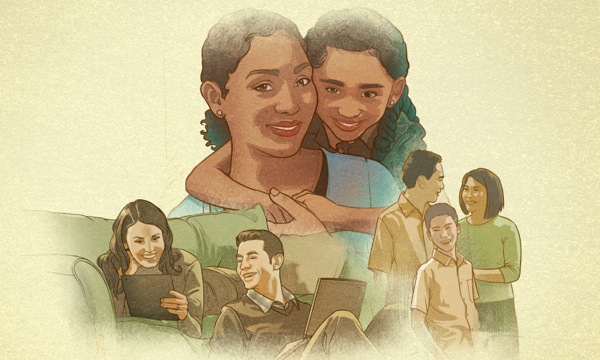 Foto-foto keluarga bahagia: Ibu karo anaké wédok, suami istri, wong tuwa karo anaké lanang