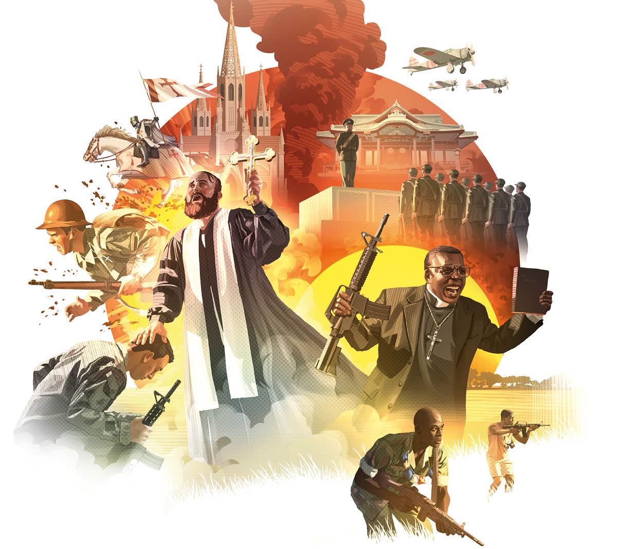 Gambar: Gréja katedral karo pagoda, terus gambar perang. 1. Perang Salib. 2. Perang Donya I. 3. Pastor Ortodoks ndongakké tentara. 4. Pastor ndhukung perang suku ing Afrika. 5. Wong Jepang nyembah kaisar.