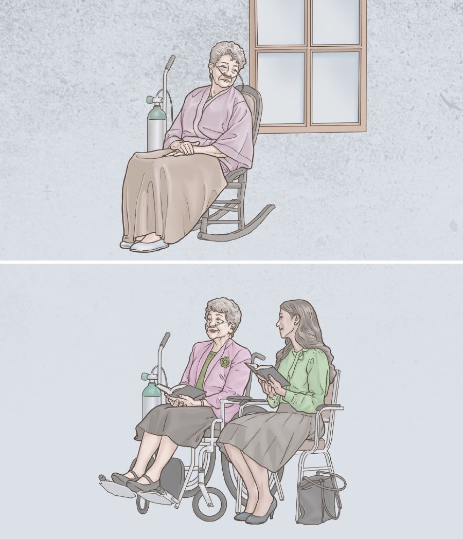 Sedulur wédok lungguh dhèwèkan nganggo oksigén, ning banjur teka ing pakumpulan ibadah bareng karo sedulur wédok sing isih enom