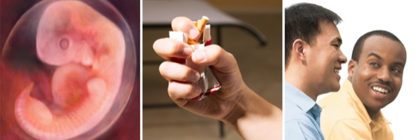 1. An unborn child; 2. A person crushing a pack of cigarettes; 3. Two friends from different ethnic backgrounds