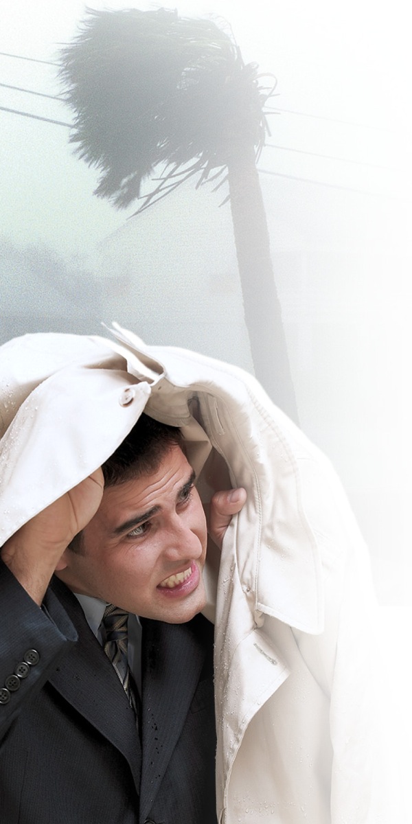 A man seeking protection during a storm