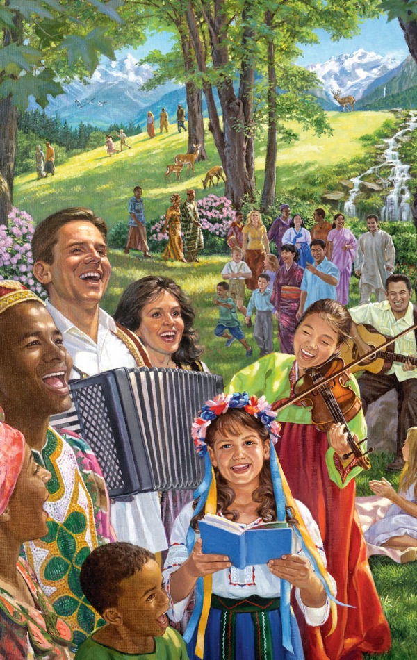 People singing, playing musical instruments, and enjoying life in the new world