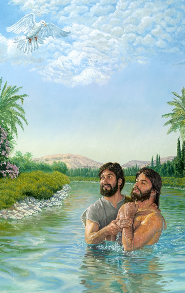 At Jesus’ baptism, God’s spirit descending like a dove to identify Jesus as the Messiah