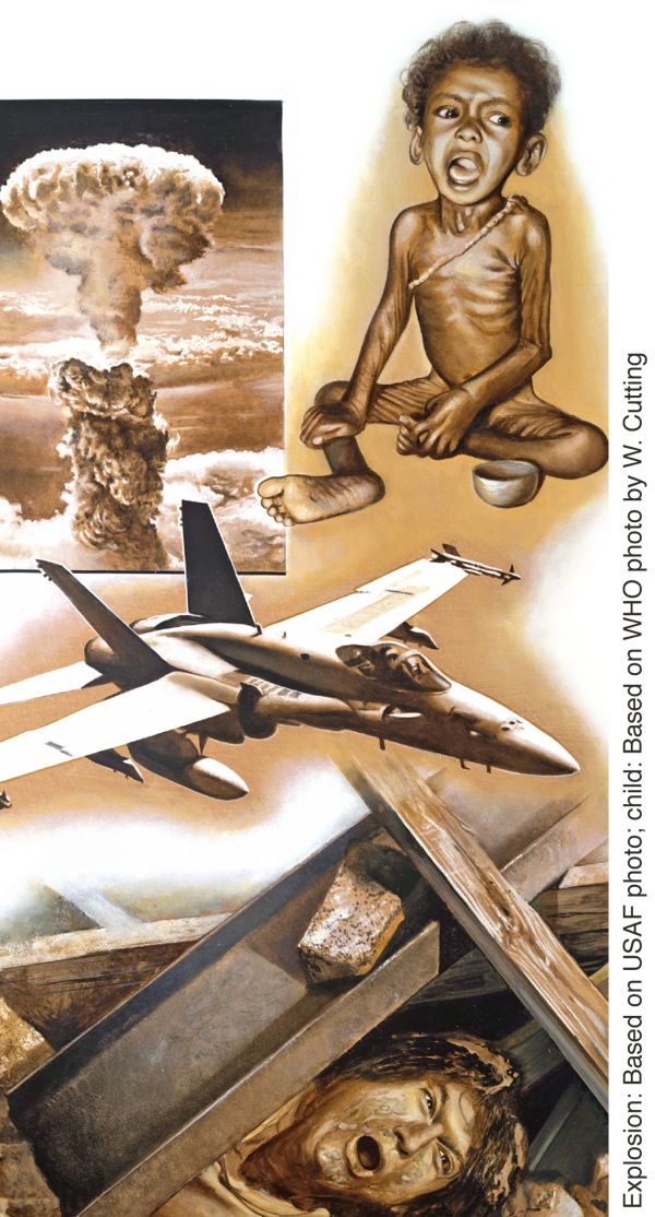 Scenes of the last days: a bomb exploding, a malnourished child, a war plane, a person trapped after an earthquake