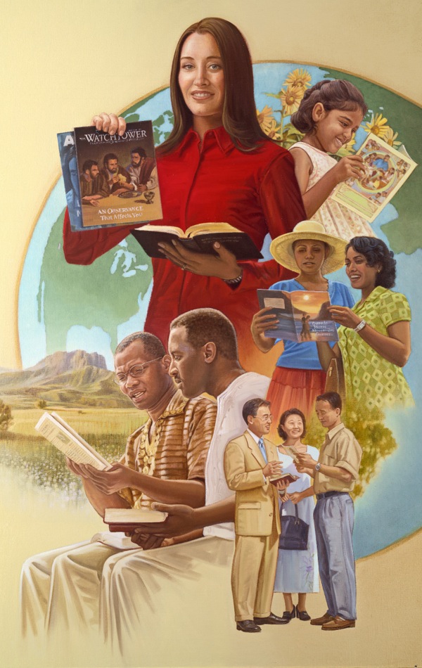 Jehovah’s Witnesses in different countries preaching the good news of the Kingdom in many languages