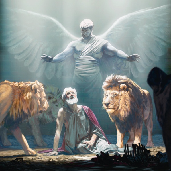 An angel protecting Daniel in the lions’ pit