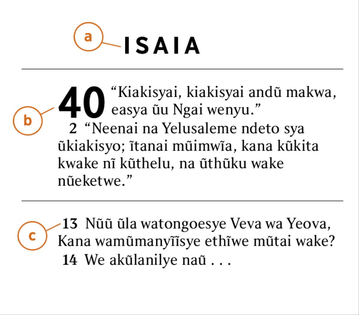 Kĩlungu kya Mbivilia kyonanĩtye, a) ĩvuku ya Mbivilia, b) kĩlungu, na c) mũsoa