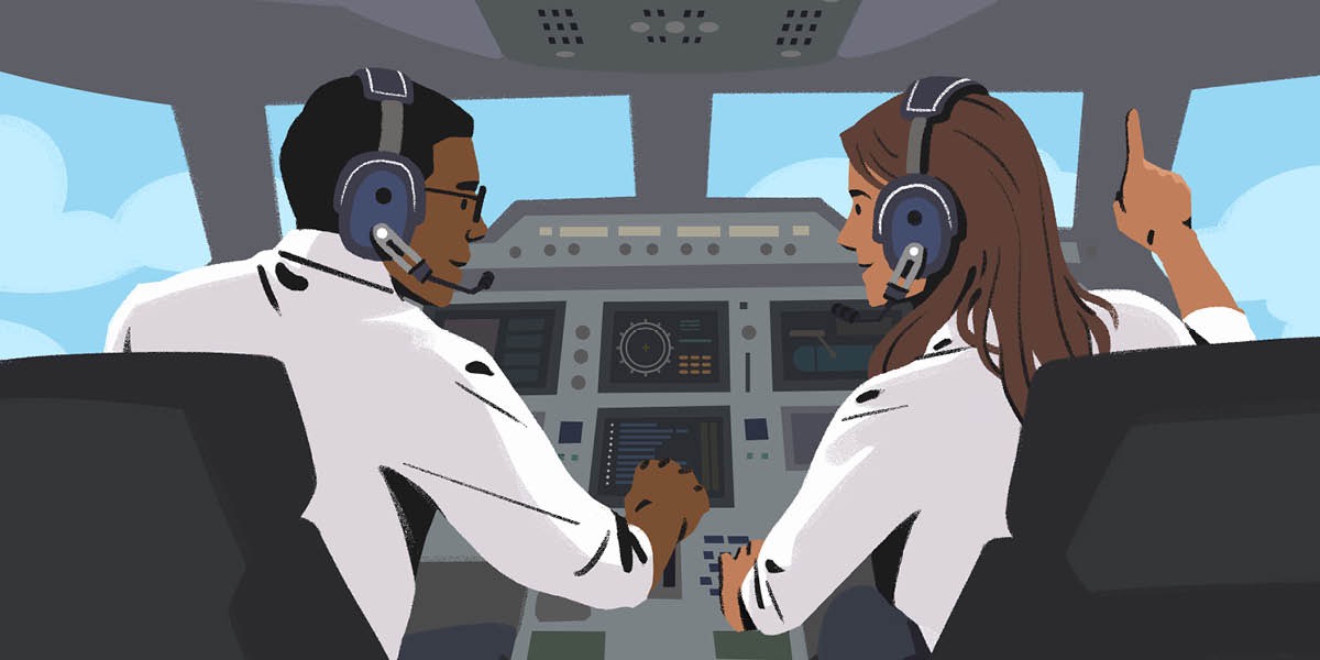 Un kazal ta trabadja sima un pilotu ku se ajudanti ki sta konduzi avion djuntu