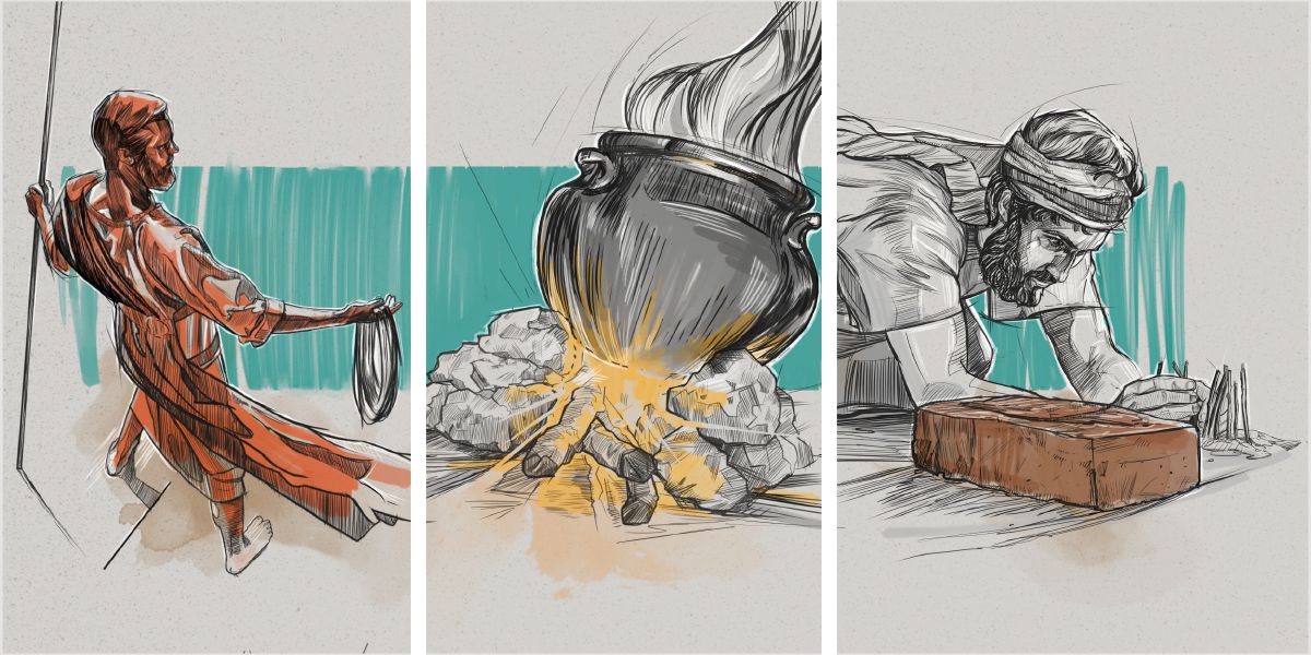 Colagem: Ajuda para entender as profecias de Ezequiel. 1. Visões: Um homem, que parecia ter o aspeto de cobre, segura uma corda de linho e uma cana de medir. 2. Ilustrações: Uma panela sobre o fogo. 3. Encenações: Ezequiel constrói uma cerca à volta de um tijolo.