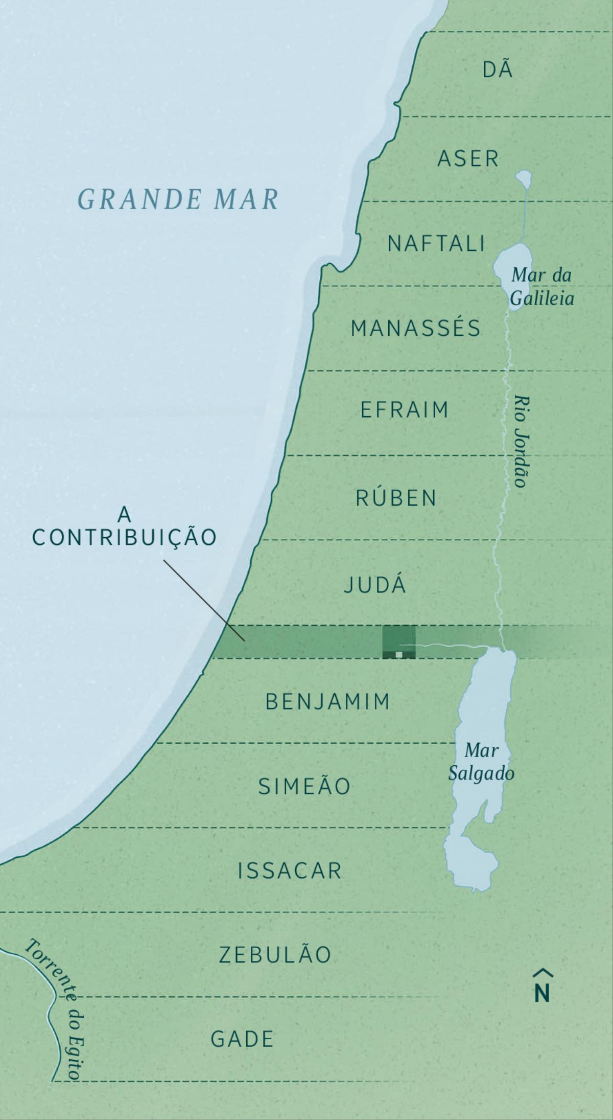 Um mapa mostra as fronteiras da terra destribuída pelos exilados que voltaram, como descrito por Ezequiel. As heranças das tribos são distruídas uniformemente desde o norte até ao sul começando por Dã, Aser, Naftali, Manassés, Efraim, Rúben, Judá, A Contribuição (faixa administrativa), Benjamim, Simeão, Issacar, Zebulão e Gade.