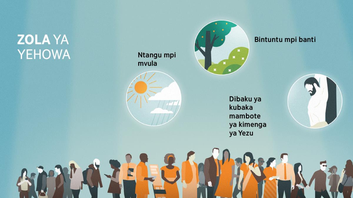 Bantu ya bansi mingi mpi ya bamvula ya kuswaswana. Bifwanisu: Bima yina Yehowa ke pesaka beto sambu na kumonisila beto zola na yandi. 1. Ntangu mpi mvula. 2. Bintuntu mpi banti. 3. Dibaku ya kubaka mambote ya kimenga ya Yezu.