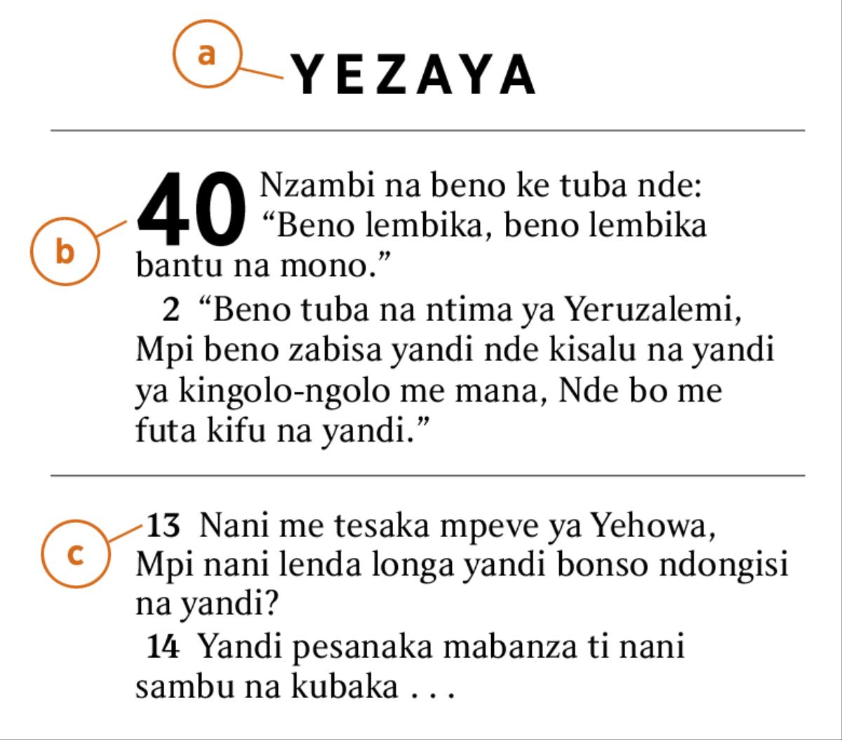 Bo me pesa verse mosi ya Biblia sambu na kumona mutindu ya kuzaba a) mukanda ya Biblia, b) kapu, mpi c) verse