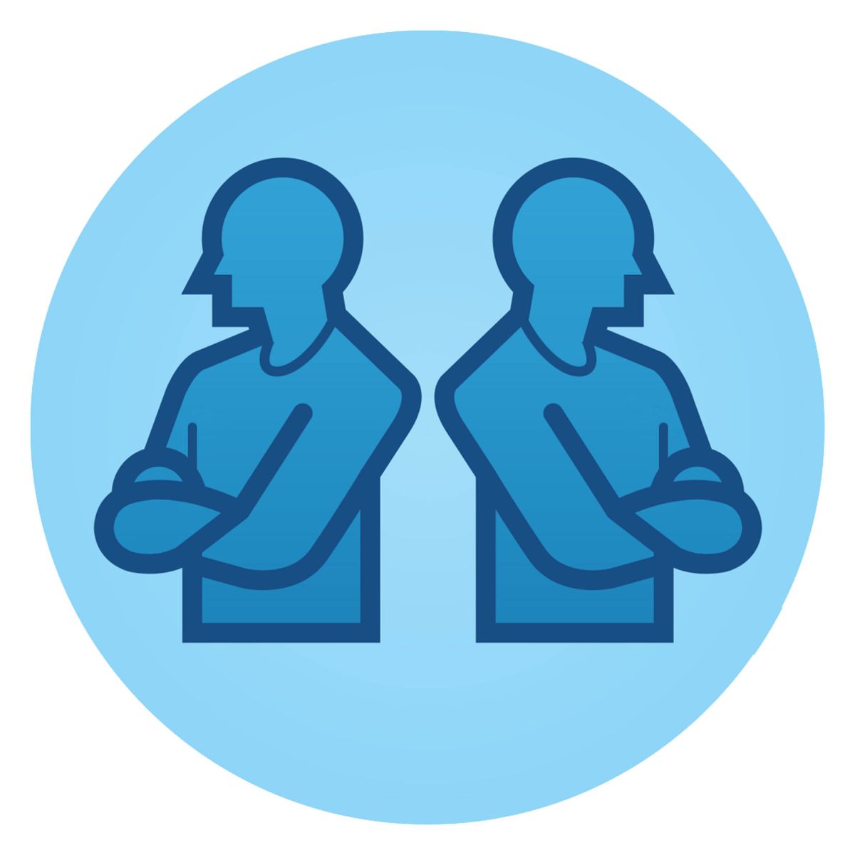 រូប​បុរស​ពីរ​នាក់​កំពុង​ឈរ​ទល់​ខ្នង​គ្នា​ទាំង​ក្រពាត់​ដៃ។