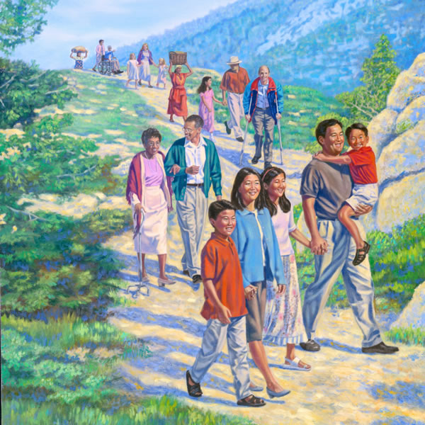 다양한 인종, 연령, 배경의 사람들이 참숭배의 길로 걷는 모습