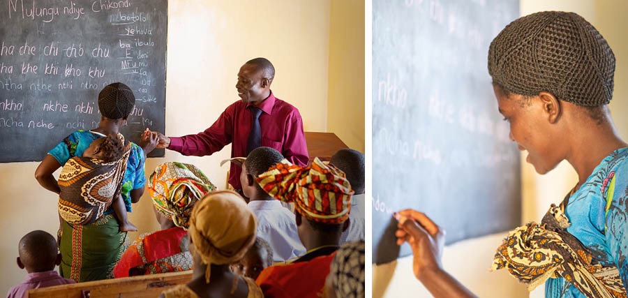 2개의 사진: 2014년에 말라위 릴롱궤에 있는 왕국회관에서 열린 문맹 퇴치 교육. 1. 왕국회관에서 한 형제가 남자와 여자와 어린이들에게 치체와어를 가르치는 모습. 2. 왕국회관에서 한 여자가 칠판에 글을 쓰고 있는 모습.