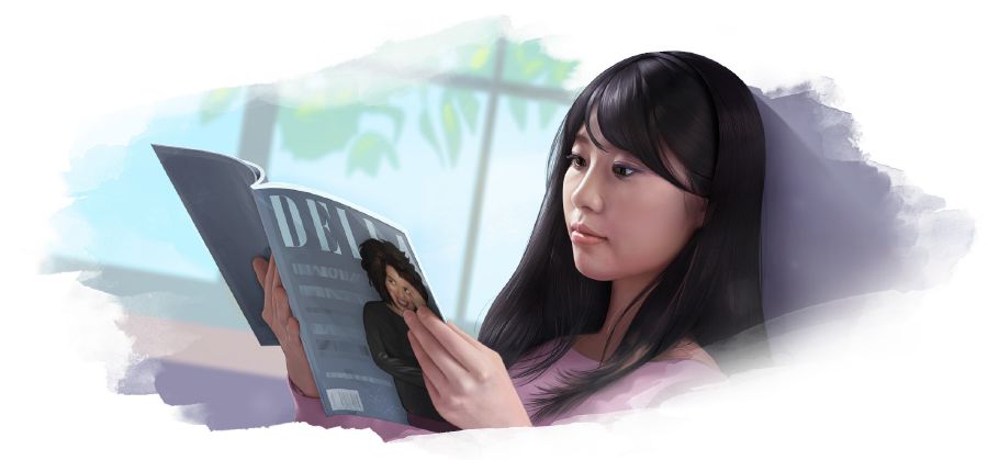 여자 청소년이 패션 잡지를 보고 있는 모습