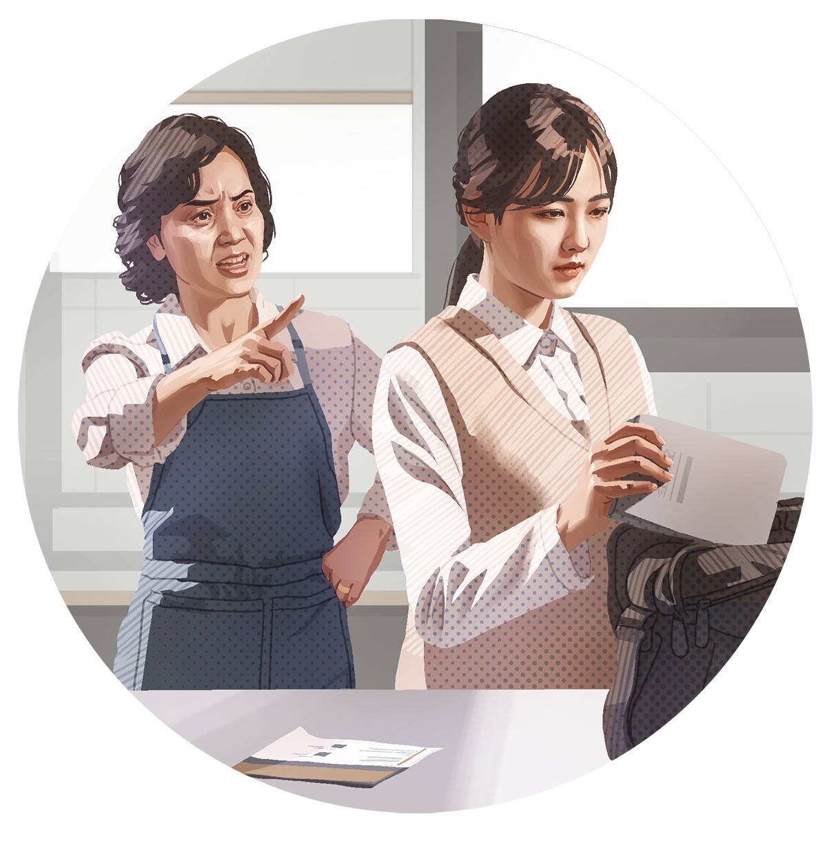 그 여자가 성경을 가방에 넣는 것을 보고 어머니가 큰 소리로 야단을 치고 있습니다.