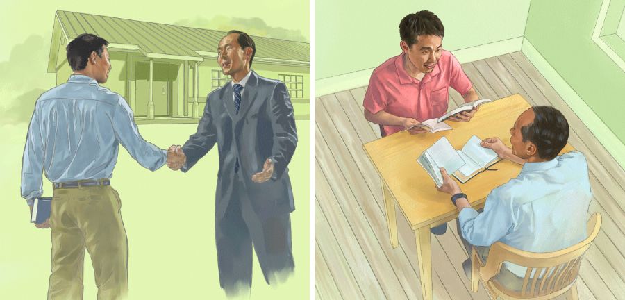 한 남자가 왕국회관에서 열리는 집회에 참석하고, 여호와의 증인과 성경을 공부하는 모습