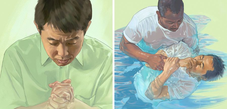 한 남자가 여호와께 기도로 헌신하고 그 뒤에 침례를 받는 모습