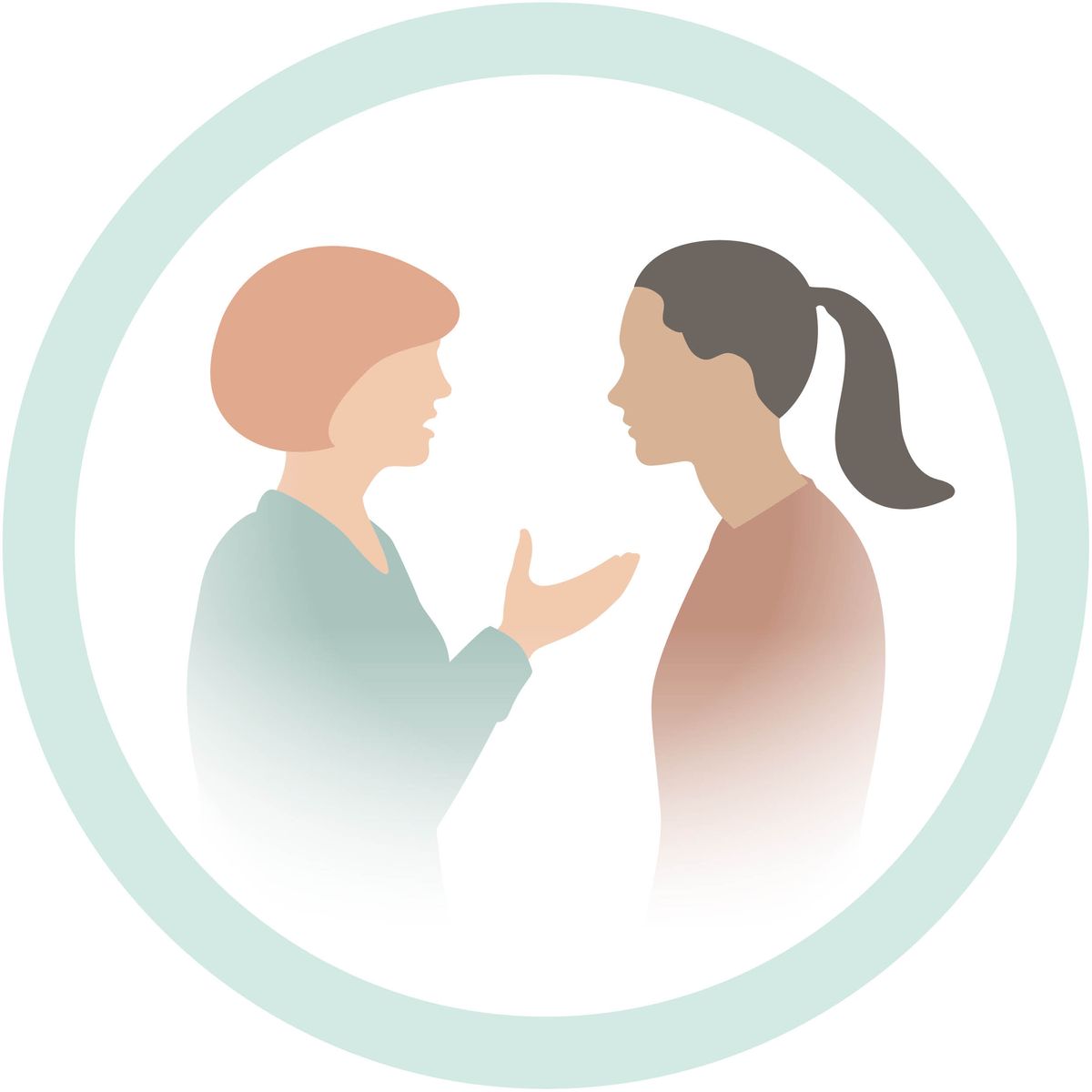 한 여성이 이야기하고, 다른 여성이 잘 들어 주는 모습을 묘사한 그림