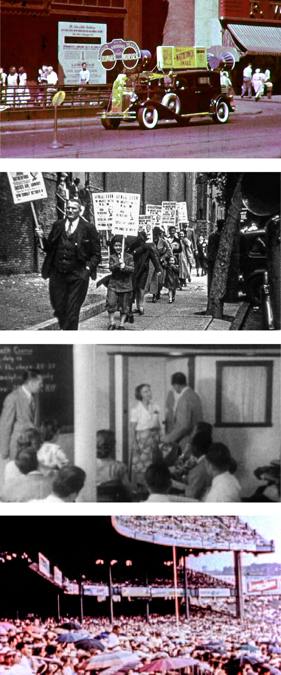 확성차, 여호와의 증인이 광고판을 사용하여 연설을 광고하는 장면, 초창기 길르앗 학교의 수업 장면, 많은 사람이 참석한 대규모 대회