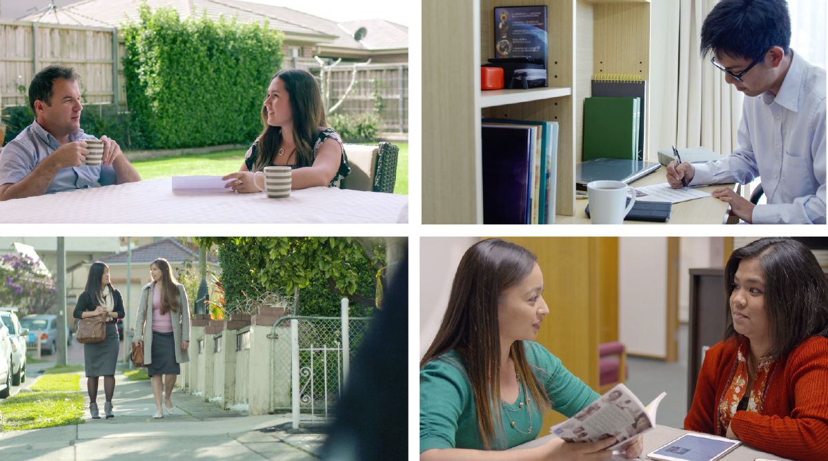 한 젊은 자매가 아버지에게 파이오니아 봉사에 대해 이야기하는 모습; 한 젊은 파이오니아 형제가 봉사를 위한 계획표를 작성하는 모습; 한 젊은 파이오니아 자매가 다른 자매와 야외 봉사를 하는 모습; 한 젊은 파이오니아 자매가 성서 연구를 사회하는 모습