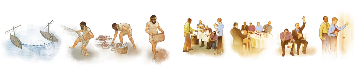1. 후릿그물로 온갖 물고기를 잡아서 좋은 것을 그릇에 모으는 모습; 2. 한 왕국 전도인이 여러 사람에게 증거하지만 그중 한 명만 여호와의 편에 서게 되는 모습