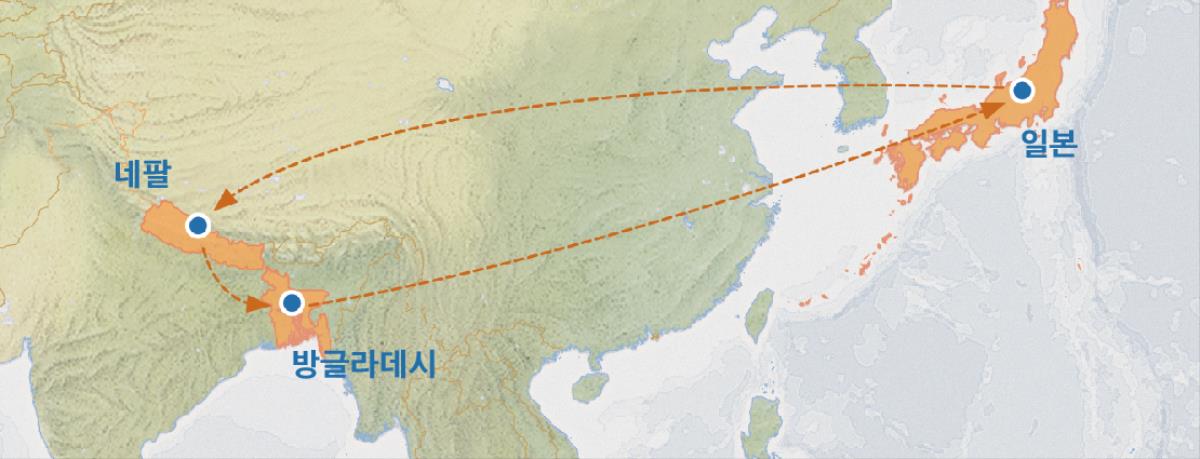 일본에서 네팔과 방글라데시를 거쳐 다시 일본에 돌아온 경로를 보여 주는 지도