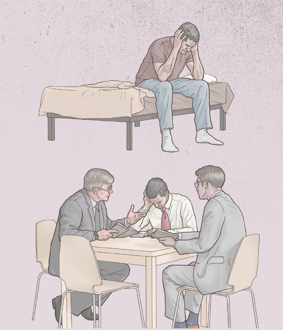 한 형제가 침대에 앉아 자신이 저지른 죄에 대해 괴로워하지만, 나중에 장로 두 명과 이야기를 나누는 모습