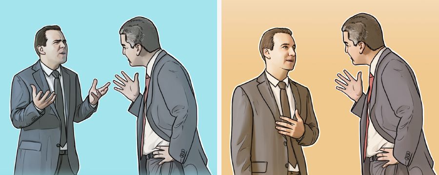 한 형제가 다른 형제와 다투고 있는 모습과 다른 형제와 평화를 이루기 위해 노력하는 모습