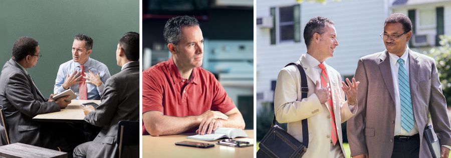 한 형제가 두 장로와 이야기를 나누고, 성경 내용을 묵상하고, 야외 봉사에 참여하는 모습