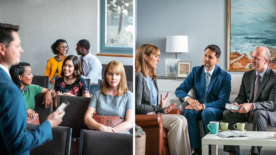 삽화 모음: 1. 봉사 모임에서 다른 사람들은 모두 즐거워하는데 한 자매만 시큰둥한 표정입니다. 2. 두 장로가 그 자매의 집으로 찾아가 그의 이야기를 잘 들어 줍니다.