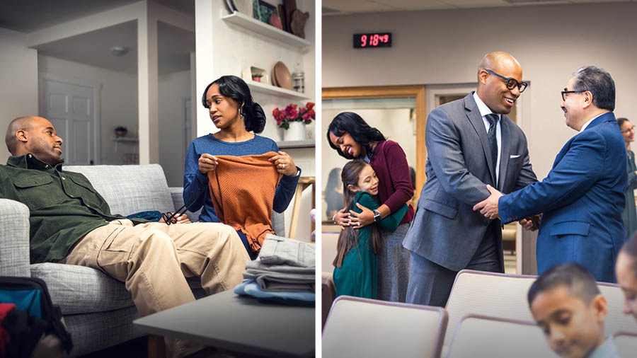 삽화 모음: 1. 피곤한 부부가 거실 소파에 앉아 있습니다. 남편은 작업복을 입고 있고 아내는 빨래를 개고 있습니다. 2. 그날 밤 그 부부가 회중 집회가 끝난 후 형제 자매들과 즐겁게 대화하고 있습니다.