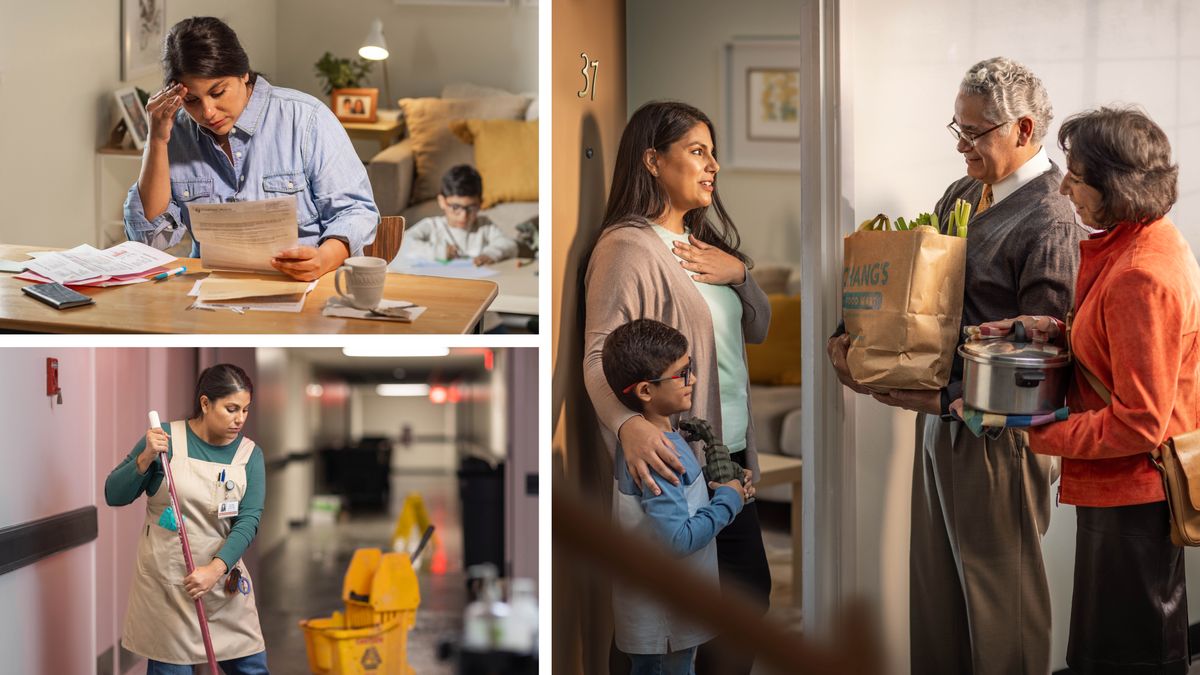 삽화 모음: 홀로 자녀를 키우는 한 여자가 경제적 어려움을 겪습니다. 다음의 세 삽화는 각각의 장면을 보여 줍니다.